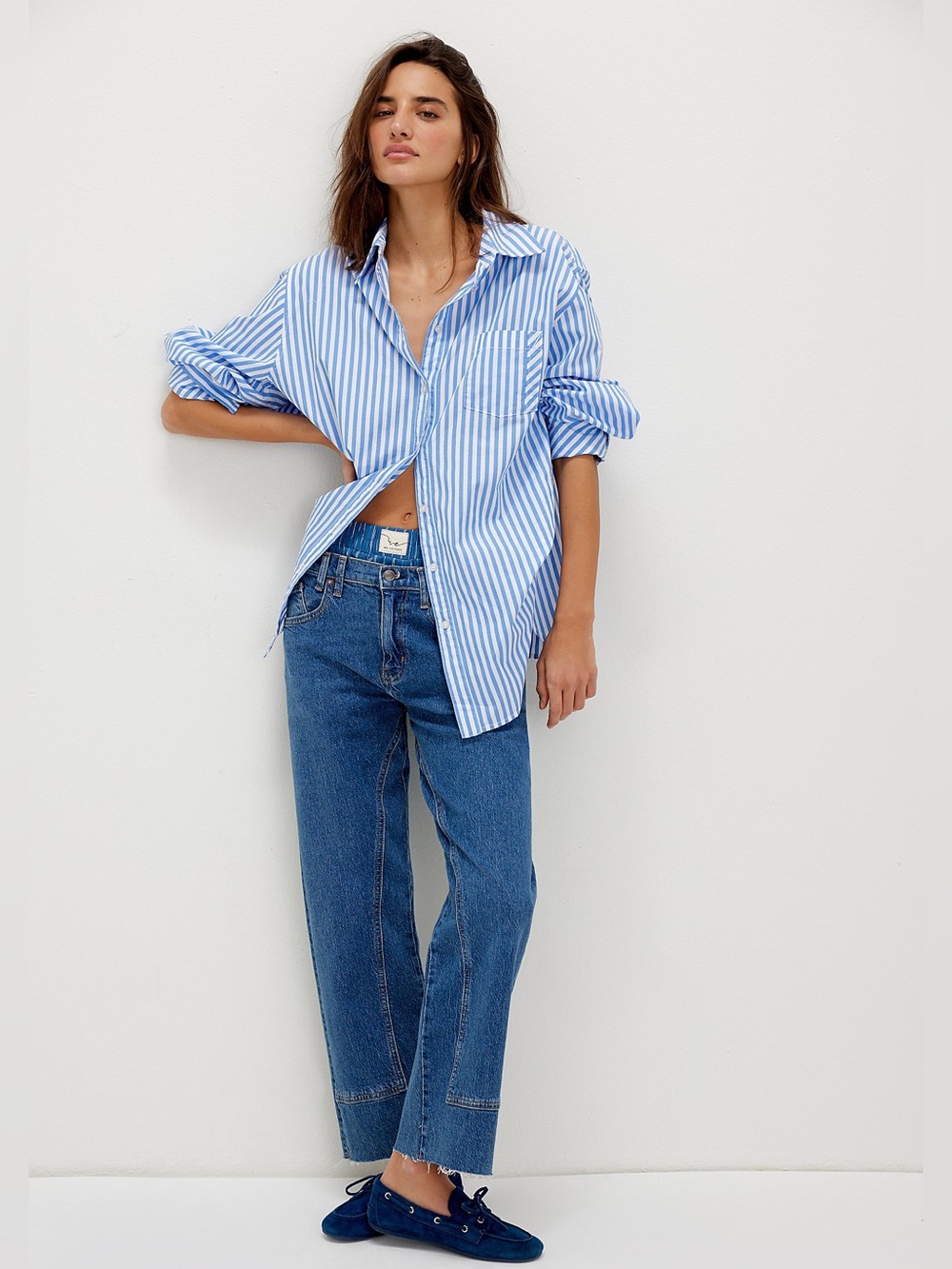Reformation boxy cropped striped white blue shirt S cotton - Picture 6 of 10